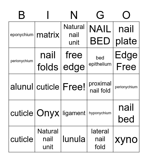 Nail Structure & Growth Bingo Card