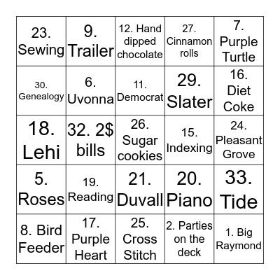 Duvall Bingo Card