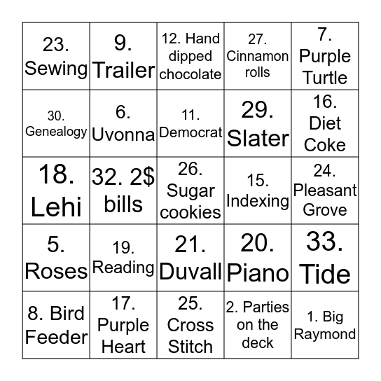 Duvall Bingo Card