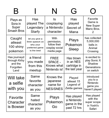 Nintendo Meetup Bingo Card
