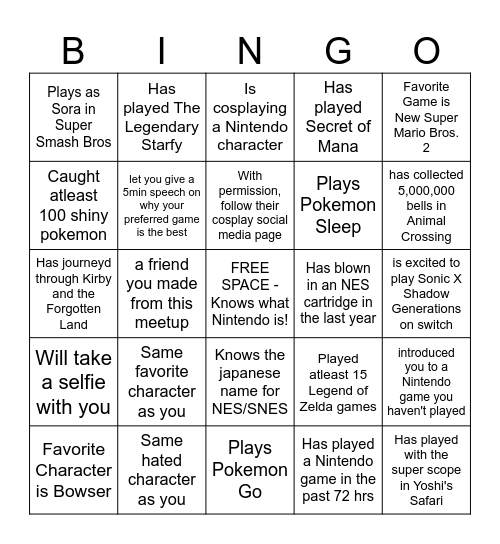 Nintendo Meetup Bingo Card