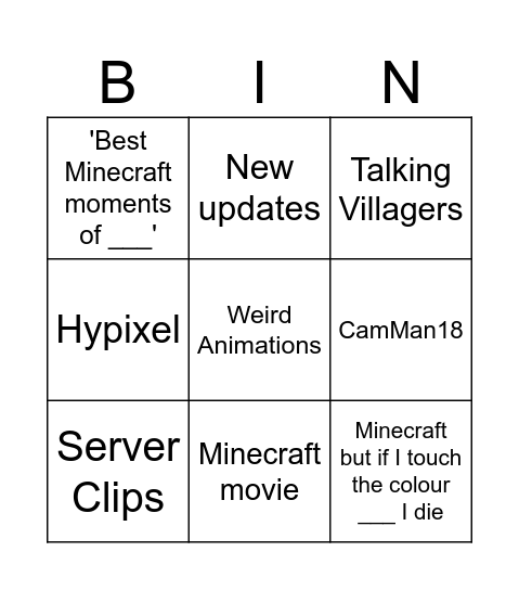 Minecraft Shorts Bingo Card