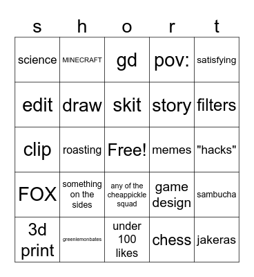 shortssssss Bingo Card