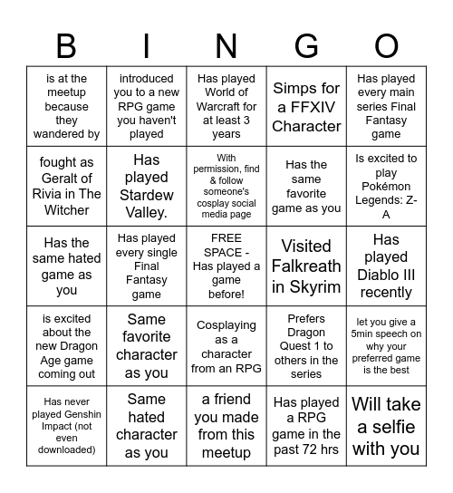 RPG Meetup Bingo Card