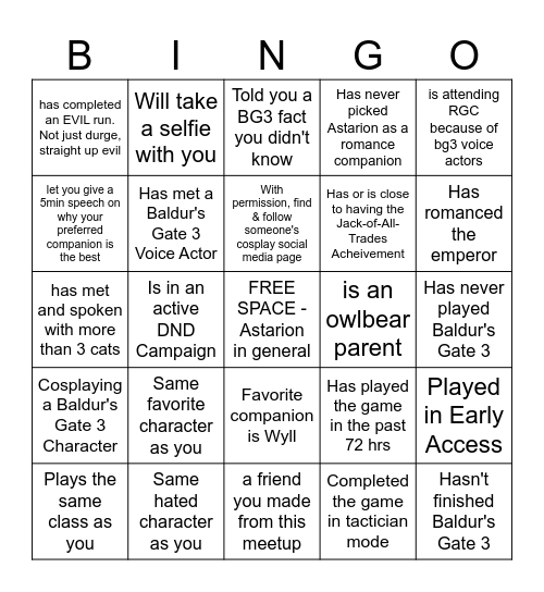 Baldur's Gate Meetup Bingo Card