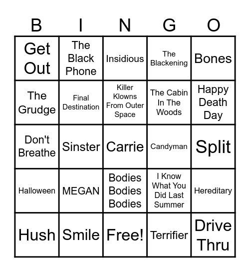 Scary Movies Bingo Card