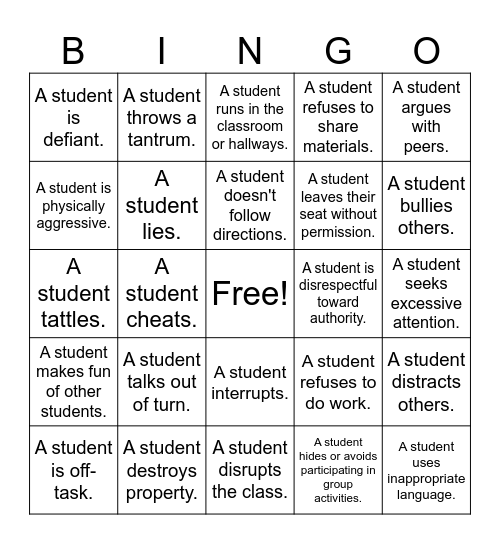 Behavior Bingo Card