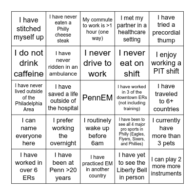 Penn Emergency Medicine Bingo Card