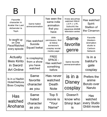 Animation Meetup Bingo Card