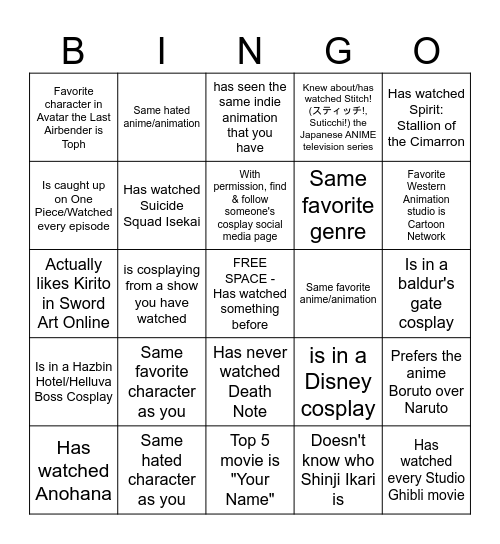 Animation Meetup Bingo Card