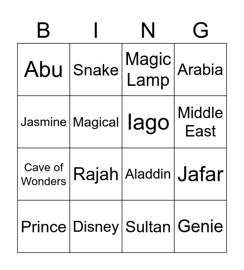 Aladdin Bingo Card