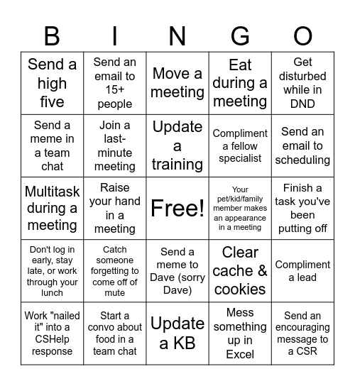 Specialist BINGO Card