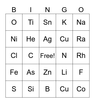 PERIODIC TABLE Bingo Card