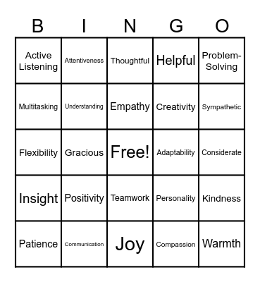 Customer Service Bingo Card