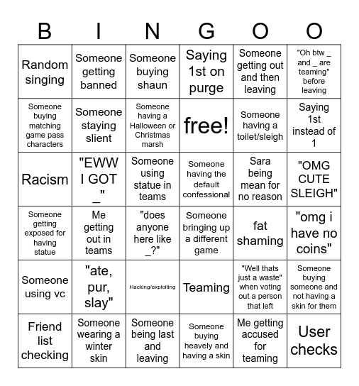 Total roblox drama Bingo Card