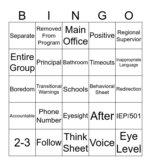 Behaviour Bingo Card