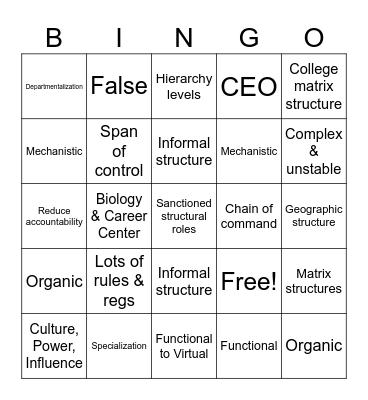 Organizational Structure Bingo Card