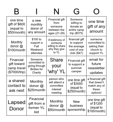 Young Life and WyldLife Moline Fall Fundraiser Bingo Card