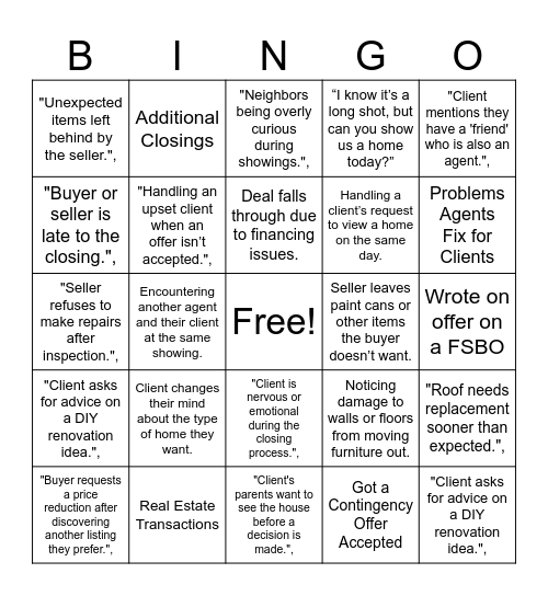 Real Estate Bingo Card