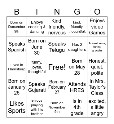 Mrs. Taylor's Class Bingo Card