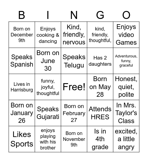 Mrs. Taylor's Class Bingo Card