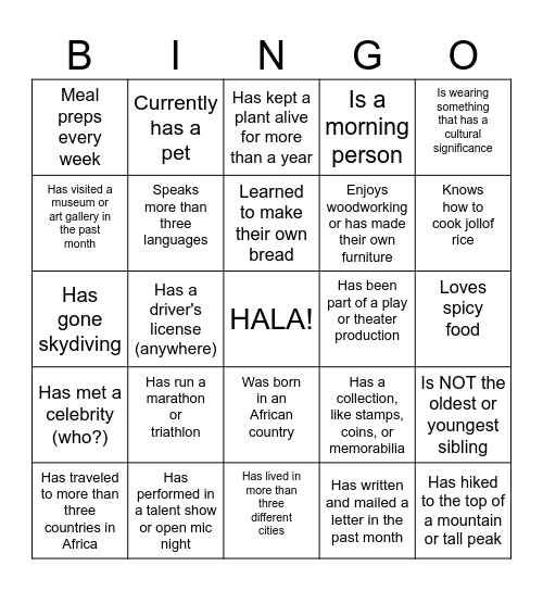 Harvard African Law Association GBM Bingo Card