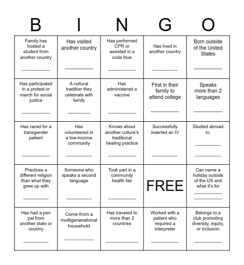 Nursing Diversity, Equity, and Inclusion Bingo Card