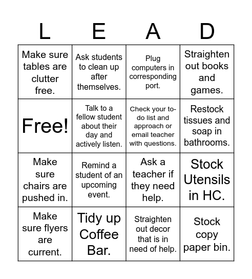 Leader Board Bingo Card