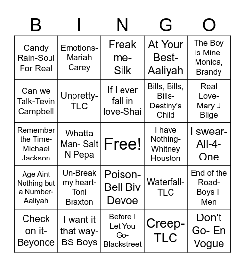 1990s R&B Bingo Card