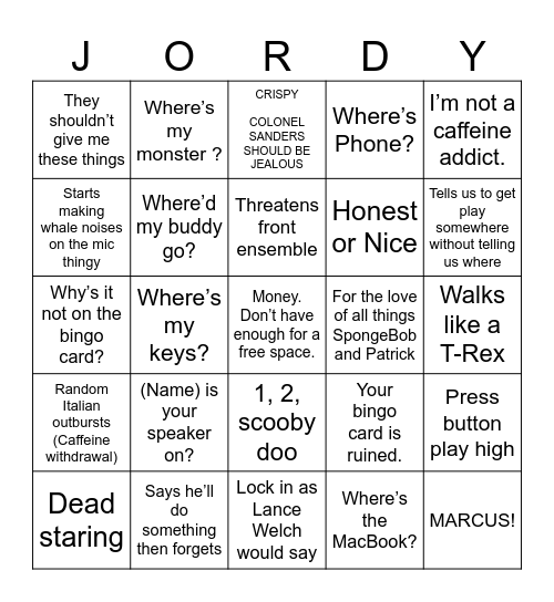 Lil Jordy Bingo Card
