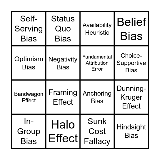 Cognitive Bias Bingo Card