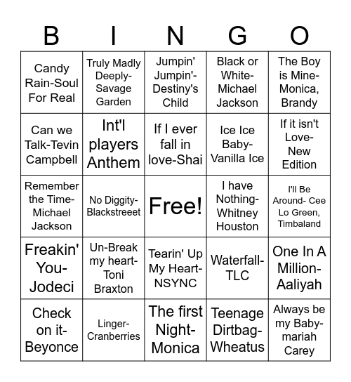 1990s R&B Bingo Card