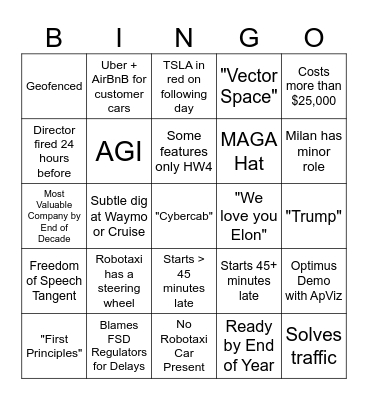 Robotaxi Reveal Bingo Card Bingo Card