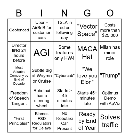 Robotaxi Reveal Bingo Card Bingo Card