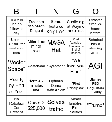 Robotaxi Reveal Bingo Card Bingo Card