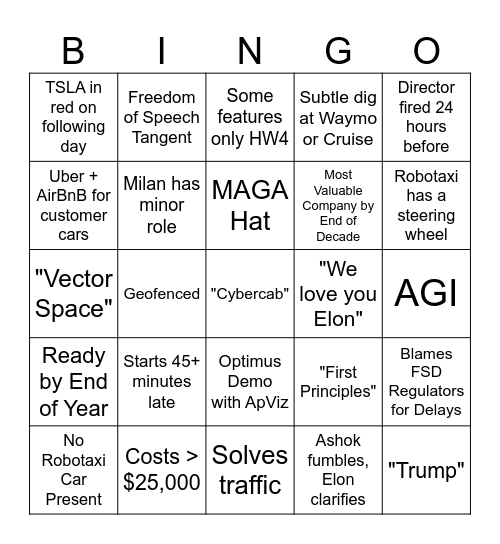 Robotaxi Reveal Bingo Card Bingo Card