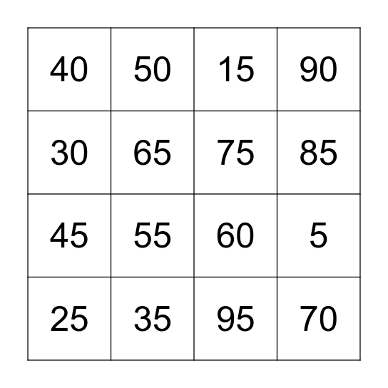 Bingo - Multiples of 5 Bingo Card