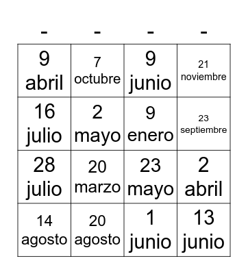 Mi cumpleaños es el _ de ___ Bingo Card