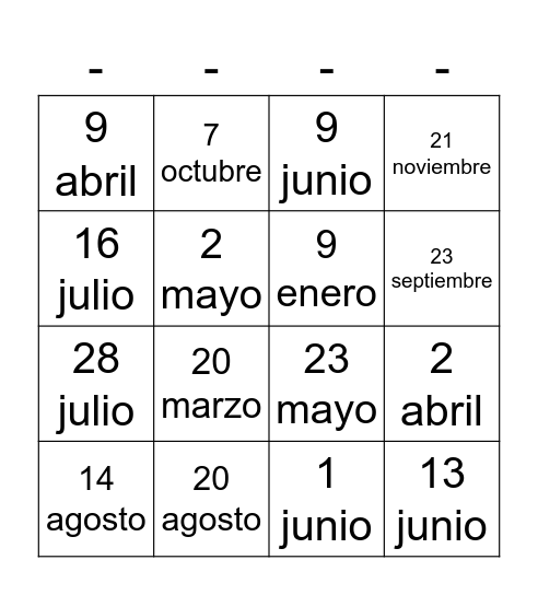 Mi cumpleaños es el _ de ___ Bingo Card