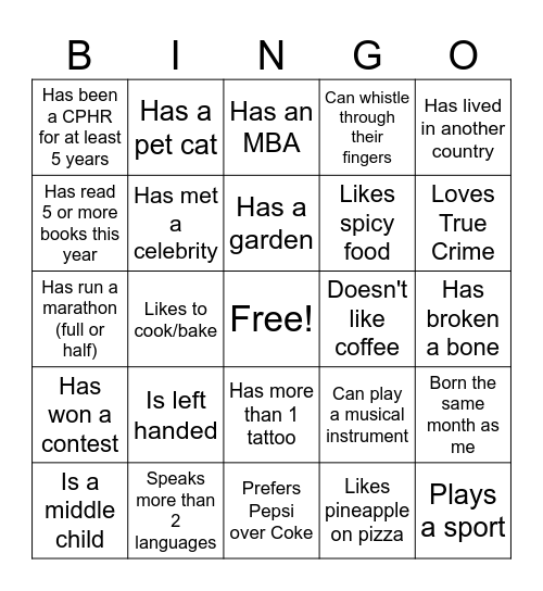 HR Team Bingo Card