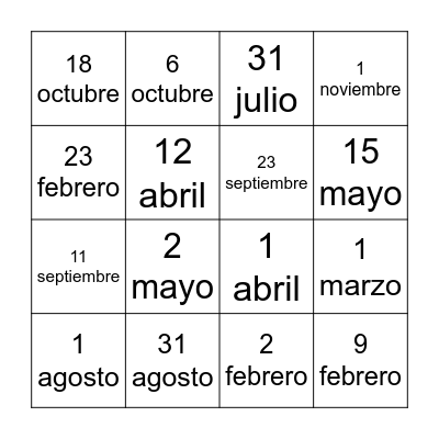 Mi cumpleaños es el __ de ___ Bingo Card