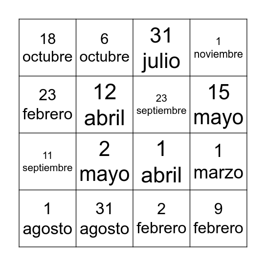 Mi cumpleaños es el __ de ___ Bingo Card