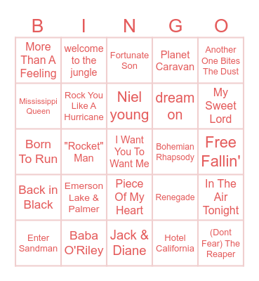 Classic Rock Bingo Card