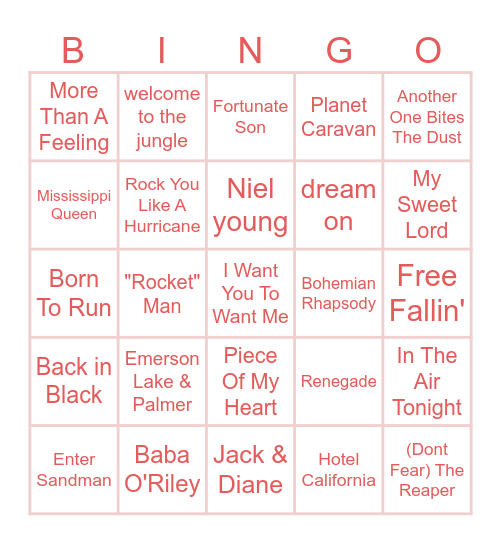 Classic Rock Bingo Card