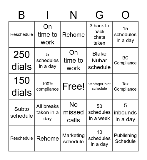 Scheduling Bingo Card