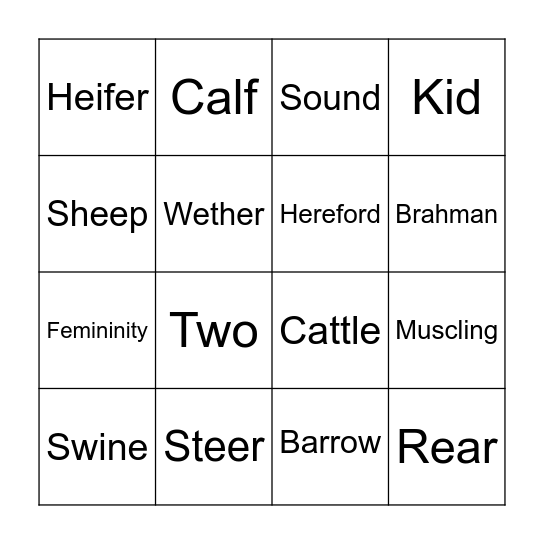 Livestock Judging Trivia Bingo Card