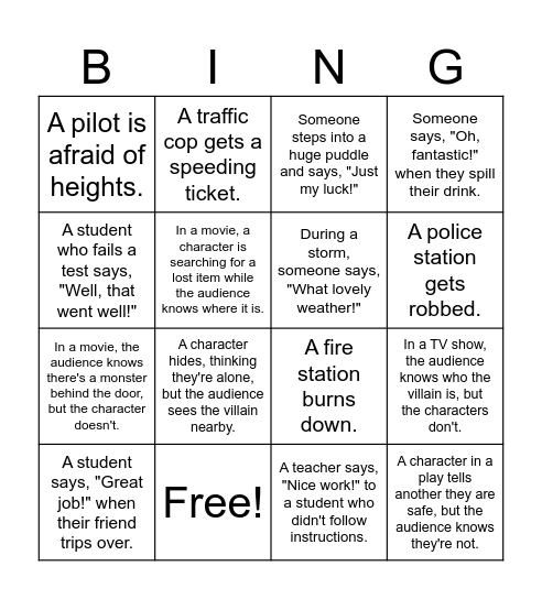 Irony Bingo Card