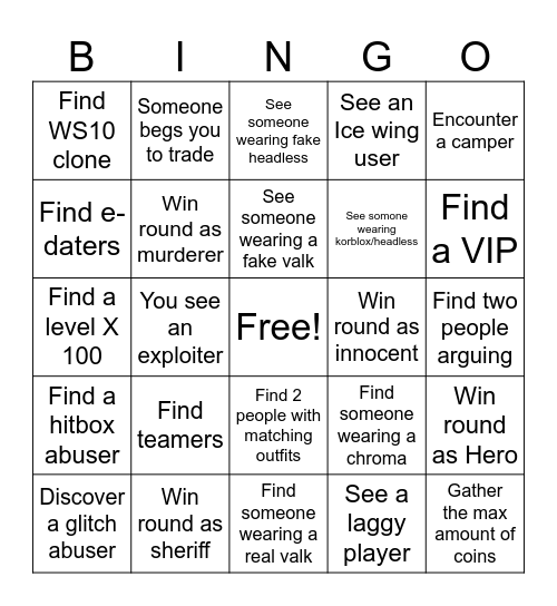 MM2 bingo Card