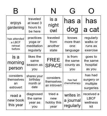 Living Beauty Cancer Foundation – HeArt Healing Retreat – Find someone who... Bingo Card