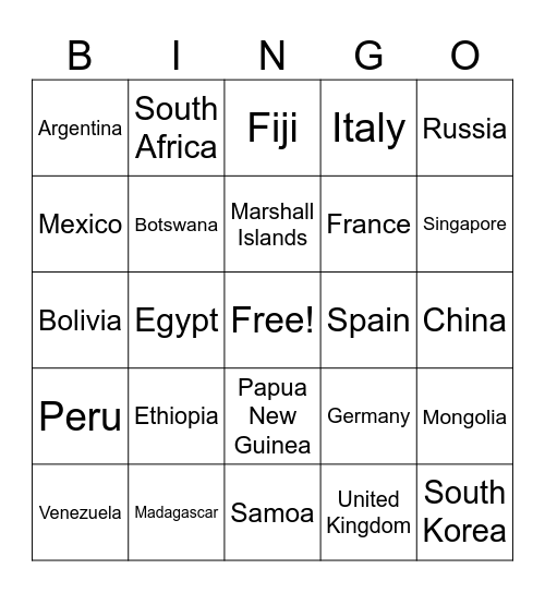 Countries of the World Bingo Card